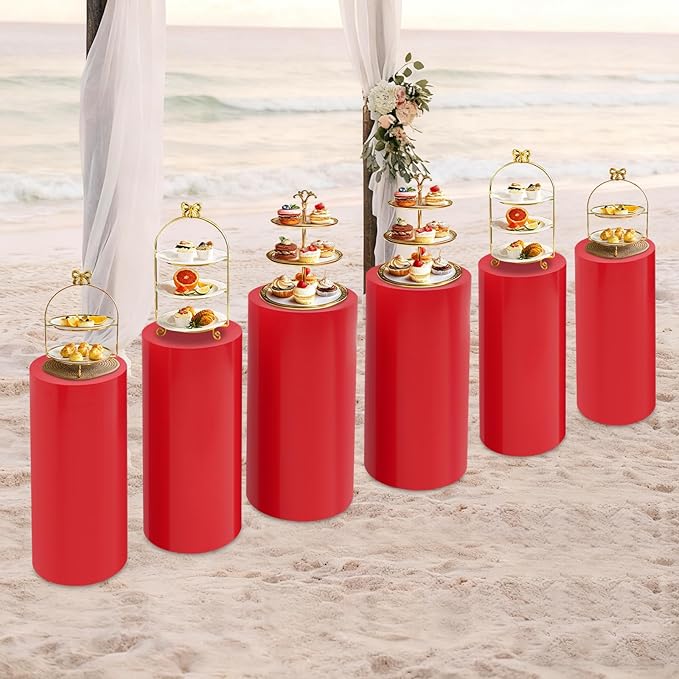 Eapmic Pedestal Stands for Party, Cake Pedestal Stand, Dessert Table Display Plinth Pillars, Sculpture Display Column Decoration Cube for Wedding Birthday (Red, Cylinder-6Pcs(27.56"+26"+23.62"))