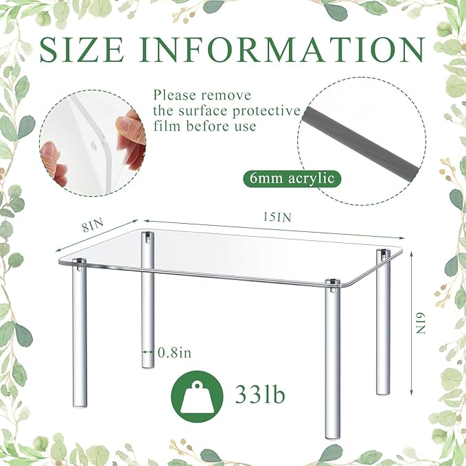 Extra Large 6mm Thick Acrylic Rectangular 4-leg Display Risers, Acrylic Plant Stand, Clear Shelf Riser Display Stands for Decor Collectibles Figures (1 Pcs,15×8×6in)