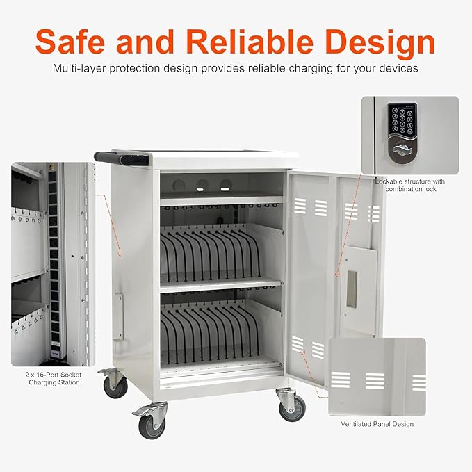32 Devices Laptop Charging Cart with Password Lock,Tablet Storage Carts for Pad Up to 16.3" Screen,Classroom Computer Mobile Charging Station for Pads,Chromebooks,Laptops(White - Password Lock)
