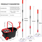Mop and Bucket with Wringer Set, 360° Rotating Floor Mop Bucket on Wheels for Floor Cleaning, 3 Microfiber Mop Replacement Head Refills, 61"" Stainless Steel Extended Handle, Red&Black