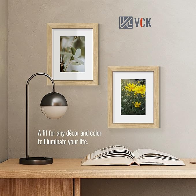 VCK 8x10 Picture Frame 2 Pack - Natural Oak, High-End Wood Poster Frames with Tempered Glass, Display 5x7 Photo with Mat or 8x10 without Mat, Art Gallery-Quality, Wall Hanging/Tabletop, Natural Oak