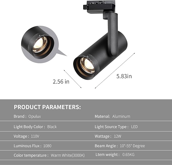 LED 12W Dimmable Track Lighting Heads with 10° to 55° Adjustable Beam Angle H Type 97 CRI 3000K Warm White Ceiling Spotlight for Accent Task Art, 1080lm, Black