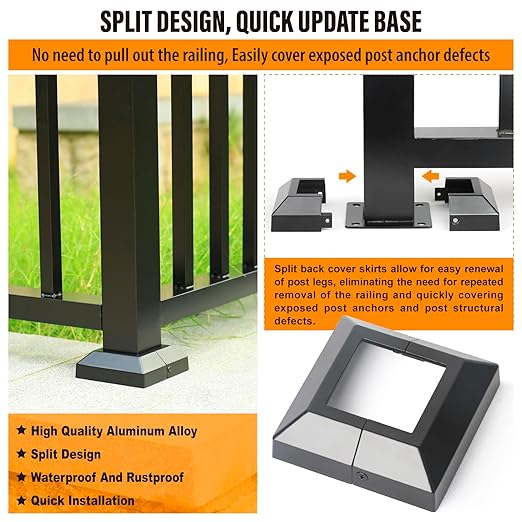 8pcs 2.5"x2.5" (Actual: 2.5"x2.5") Aluminum Deck Post Base Cover, for Railings, Stairs, Patios, Porches, Split Deck Post Skirt (Black)