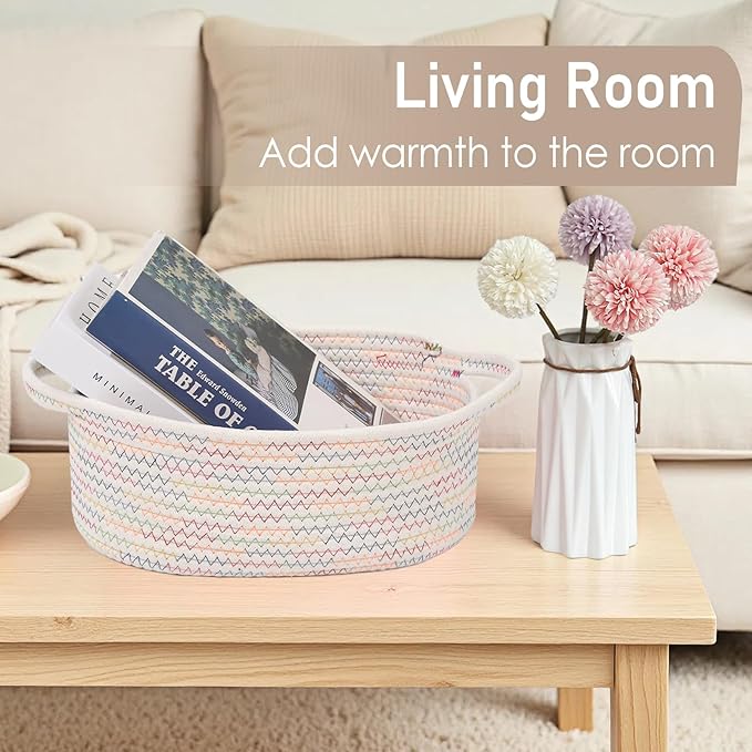 Woven Basket,Small Rope Storage Bin with Handles & Ribbon Bag, Organizer for Shelves Closets,Gift Basket Empty for Birthday,Books,Dog Toys, Colorful
