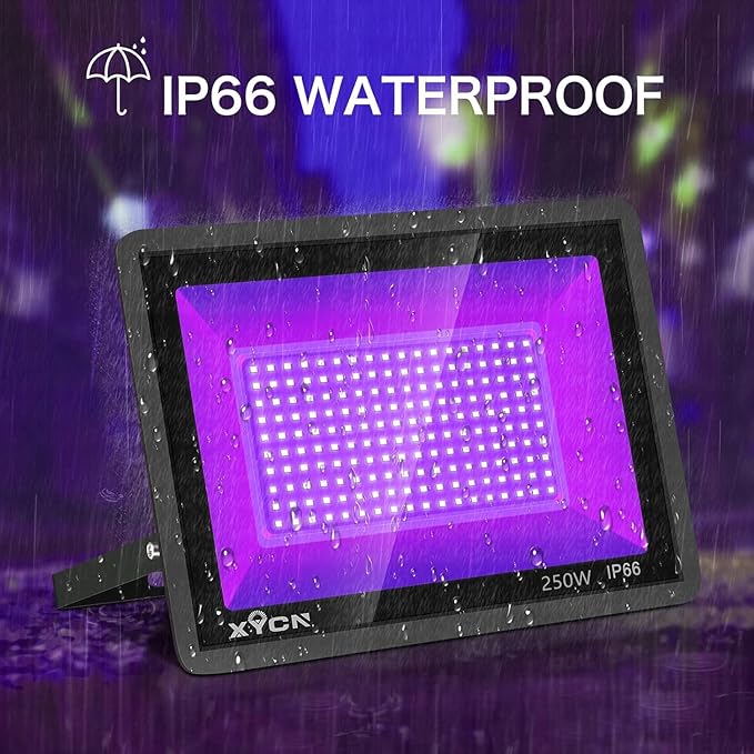 2 Pack 250W LED Flood Black Lights, Outdoor Flood Blacklight Light with Plug, IP66 Waterproof forGlow in The Dark, Dance Party, Stage Lighting, Body Paint, Fluorescent Poster, Neon Glow