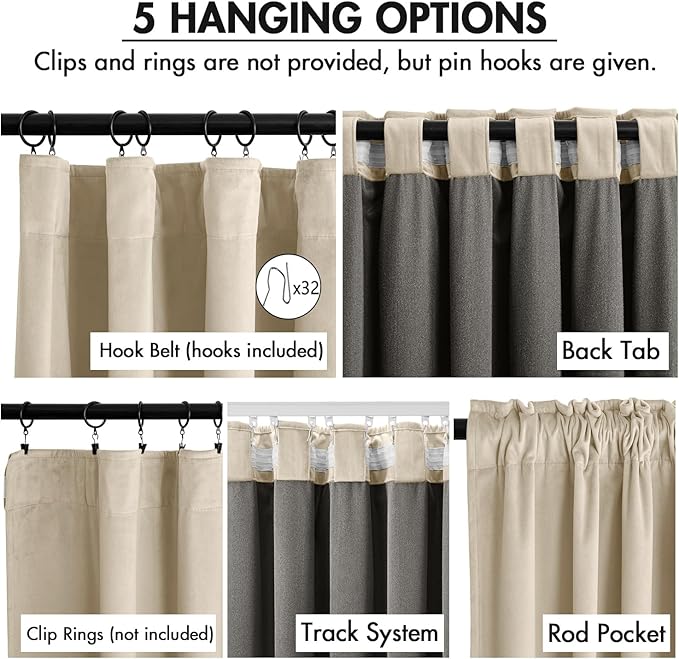 MIULEE Velvet Curtains 96 Inches Long 2 Panels Set for Bedroom, Pinch Pleat Back Tab Thermal Insulated Living Room Darkening Drapes Pleated Blackout Floor to Ceiling Curtains with Hooks, Beige
