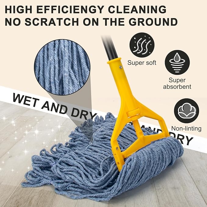 Commercial Industrial Mop with 3 Extra Large Reusable Replacement Head,59" Long Handle Heavy Duty Wet Mops,Looped-End String Cotton Mop for Floor Cleaning,House,Kitchen,Office,Garage,Tile