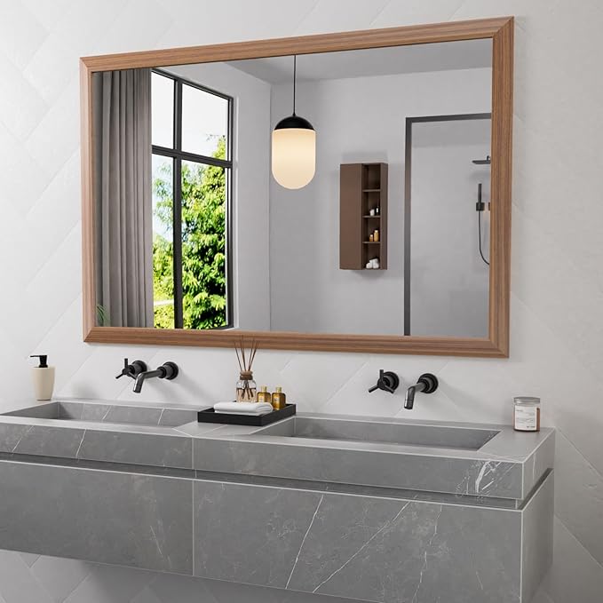 Amorho Bathroom Mirror for Wall, 60X40 Inch Walnut Wood Grain Metal Framed Mirror, HD Reflection, Hang Horizontally/Vertically, Suitable for Bedroom, Farmhouse, Bathroom, Porch