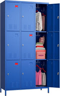 Aobabo New 9 Doors Metal Storage Locker for Employees, Lockable Steel Locker with Name Card Slot and 27 Hooks for School Office Gym Garage, Blue, Assembly Required