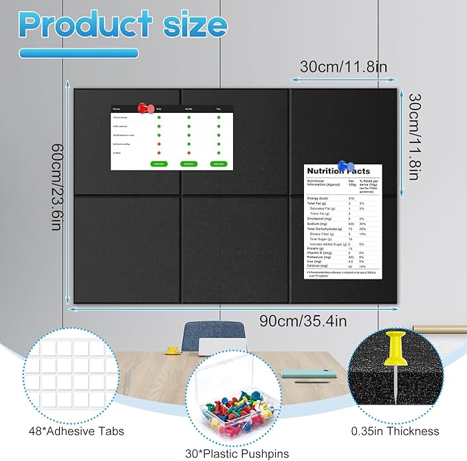 Large Cork Board for Wall 36" x 24", 6 Pack Black Bulletin Board, Felt Wall Tiles with 48 Safe Removable Adhesive Tabs, 30 Push Pins, Cork Boards for Home Office Pin Board Tack Board