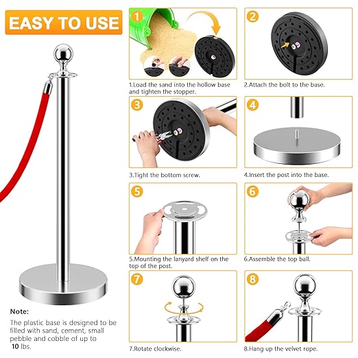 LOVMOR Crowd Control Stanchion, Rope Safety Barriers with 5 ft Red Rope, Red Carpet Poles for Theaters Hotels Clubs Party Ceremony, 4PCS