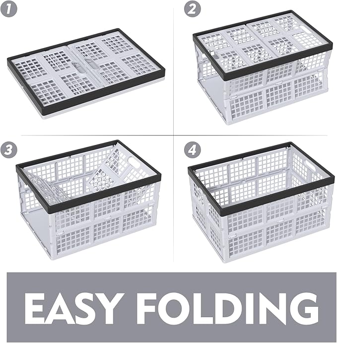 Pack of 3 Collapsible Storage Container Crates, Large Folding Basket Box with Handle, Grey, 42 L
