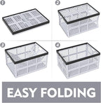 Pack of 3 Collapsible Storage Container Crates, Large Folding Basket Box with Handle, Grey, 42 L