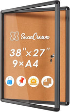 SWANCROWN Enclose Bulletin Board Case School Cork Noticeboards Cabinet with Locking Door and Keys,38x28 inch (9xA4)