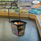 6PCS Trolley Rolling Plastic Basket Set - 35 Litre Portable Shopping Basket with 4 Wheels and Handle for Supermarkets, Retail Stores, Bookstores (Black)