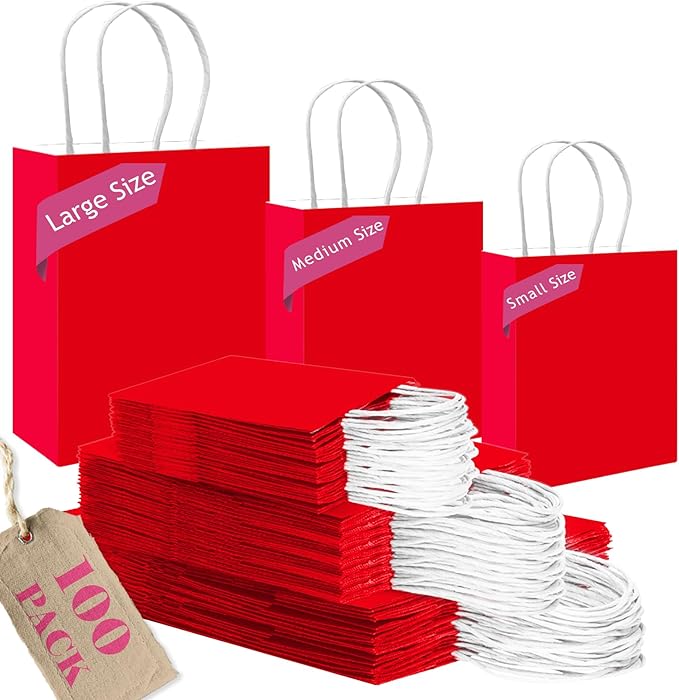 qiqee 100PCS Gift Bag with Handles Bulk Red Paper Bags Assorted Sizes(33pcs Large 13",33pcs Medium 11",34pcs Small 8")