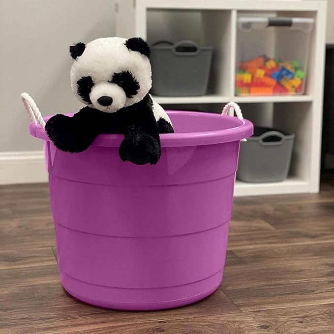 HOMZ 2-Pack Utility Tub, Large Plastic Storage Bucket with Rope Handles, 17 Gallon, Purple - Portable Indoor and Outdoor Buckets for Kitchen, Laundry, Garden, Bathroom, and Garage Organization
