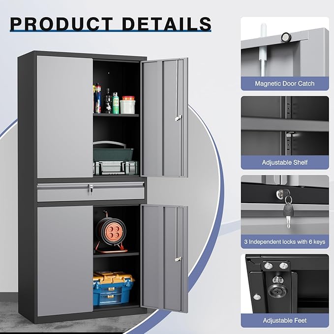 Metal Storage Cabinet with with Drawer, Garage Storage Cabinet with Locking Doors and Adjustable Shelves for Garage, Home Office,Warehouse