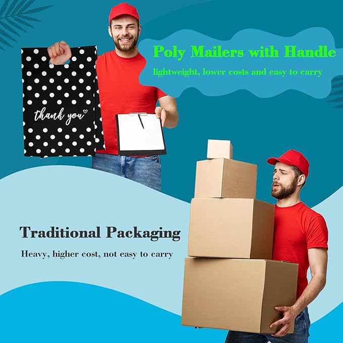 JinRuiKJ Poly Mailers with Handle 10x13 Inch 25 Pcs, Easy to Carry Packaging Bags for Small Business, Thank You Shipping Bags with Self Adhesive Strip, Tearproof and Waterproof - White Polka Dot