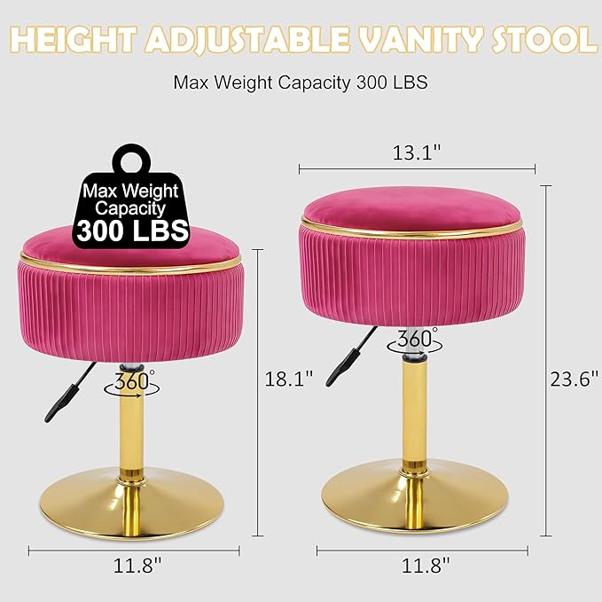 Adjustable Vanity Stool with Storage, 360° Swivel Makeup Stool Chair Small Velvet Round Ottoman with Gold Base for Bedroom (Hot Pink)
