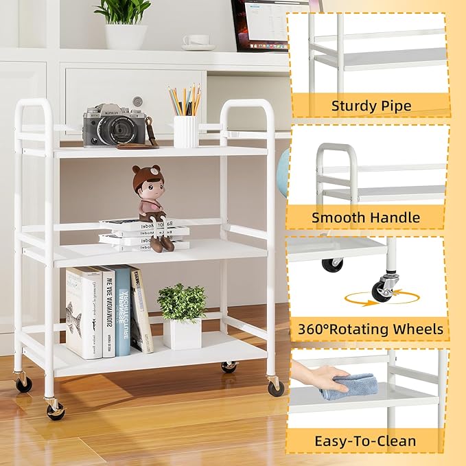 HDANI 3 Tier Metal Utility Multipurpose Rolling Cart,Large Capacity Heavy Duty Rolling Cart with 2 Lockable Wheels for Home,Office,Kitchen,Bathroom,Bedroom,White