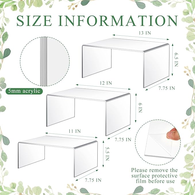 3 Pcs Extra Large 13,12,11 Inch Acrylic Display Risers Clear Acrylic Shelf Riser Display Stands 5 mm Thick Rectangular for Collectibles Figures