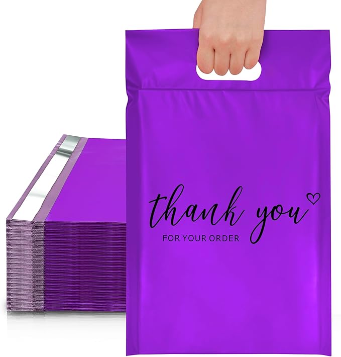 JinRuiKJ Poly Mailers with Handle 14.5x19 Inch 50 Pcs, Easy to Carry Packaging Bags for Small Business, Thank You Shipping Bags with Self Adhesive Strip, Tearproof and Waterproof - Purple
