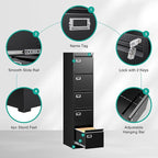 SISESOL 5 Drawer File Cabinet with Lock,15" Narrow Vertical File Cabinet Five drawer,Tall Office Filing Cabinets,Black Metal Filing Cabinets for Home Office,Fit A4,Legal,Letter Size,-Assembly Required