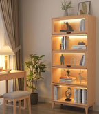 5 Tier Solid Wood Bookcase with Tempered Glass Doors Elegant Wooden Book Shelf with Doors 72H/32w/14 inch Log Khaki, Luxury Antique Bookcase Artwork Book Shelves/case for Home Office