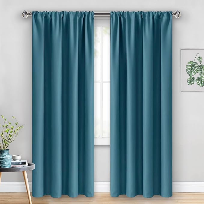 JIUZHEN Blackout Curtains for Bedroom - Thermal Insulated Room Darkening Rod Pocket Curtains for Living Room, Set of 2 Panels with Tiebacks, 42 x 84 Inch Length, Stone Blue