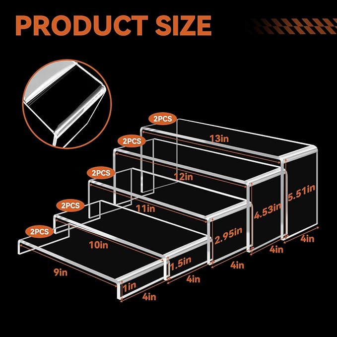 10 Pcs Large Acrylic Display Risers, 2 Sets Clear Risers Display Stands, 0.19" Thick Large Acrylic Risers for Display, Clear Rectangular Display Shelf for Showcase Cupcake Dessert Toys Perfume