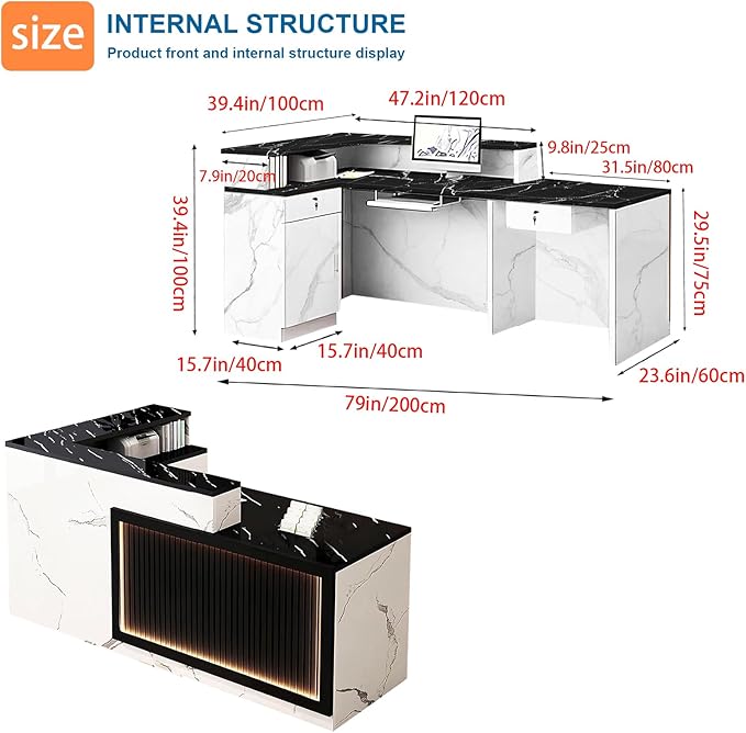 L-Shaped Reception Desk with Counter LED Light and Lockable Drawers and Storage Tall Modern Front Desk Reception Counter for Checkout Lobby Beauty Salon D Right 79inch/200cm
