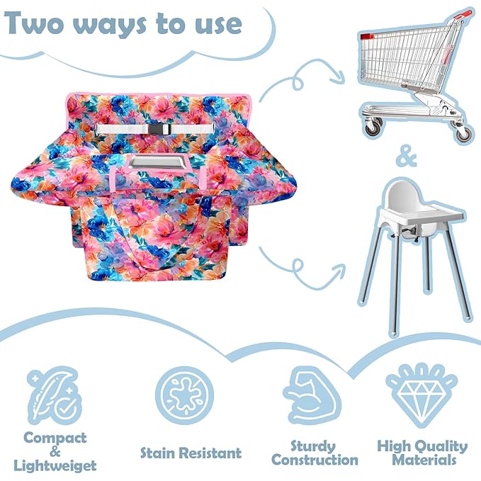 Shopping Cart Cover for Baby 2-in-1 High Chair Cover with Safety Harness Multifunctional Colorful Flowers Cart Covers for Babies Soft Padded Grocery Cart Cover for Baby Boy Girl