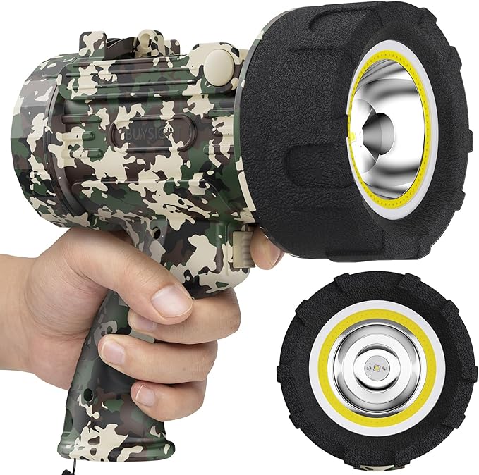 BUYSIGHT Rechargeable Spotlight Flashligh, 1000000 Lumen Hand held Spotlight Waterproof Flashlight Hunting floodlight with red Lens(Camouflage Green-COB)