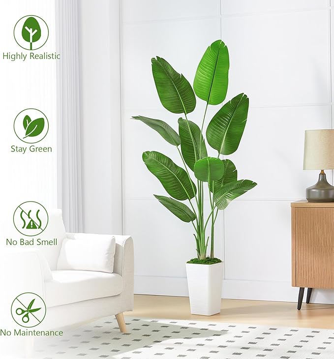 Birds of Paradise Plant Artificial, 5FT Fake Plants Faux Banana Leaf Tree with 10 Banana Leaves, Lifelike Tall Fake Tropical Palm Indoor Silk Floor Plant in Black Pot for House,Office,Room,Home Decor