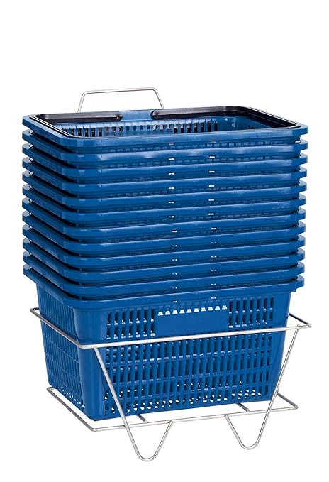 SSWBasics Blue Shopping Basket with Stand, Set of 12, 8-1/2"H x 12"W x 17"L - Ideal Grocery Baskets for Retail Environments