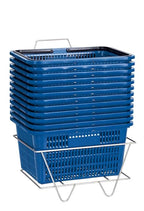 SSWBasics Blue Shopping Basket with Stand, Set of 12, 8-1/2"H x 12"W x 17"L - Ideal Grocery Baskets for Retail Environments