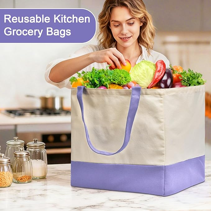 Reusable Grocery Bags Heavy Duty, 8.3 gal Foldable Large Canvas Tote Bag with Handles, Holds 60 lbs Canvas Shopping Bags, 3 Pack（Off White+Light purple）