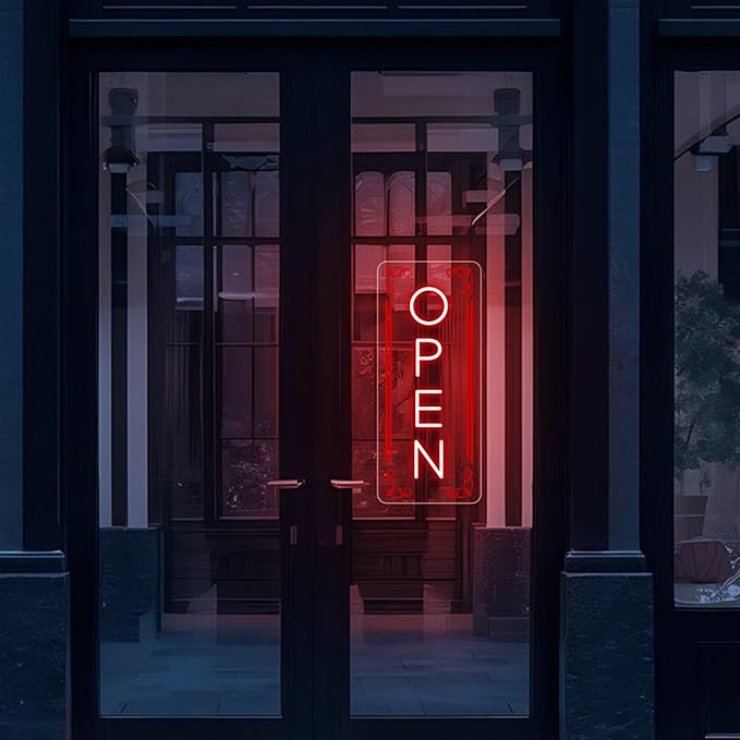 Vertical LED Open Signs for business – Super Bright - UV Printing Pattern, Remote Included - Large Size 20x50'' - Neon Open Sign for Café, Bar, Shop & Business Sign (Red)