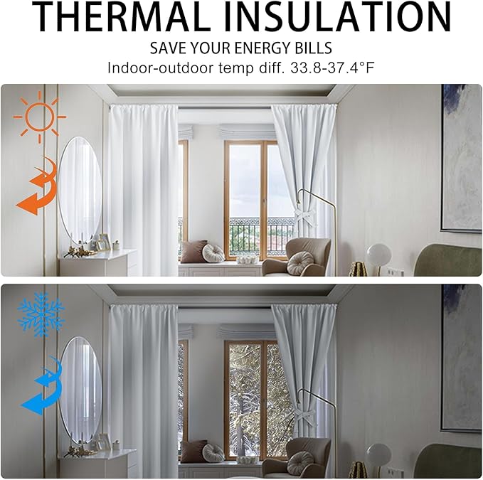 JIUZHEN Blackout Curtains for Bedroom– Thermal Insulated,Noise Reducing Room Darkening Rod Pocket Curtains for Living Room, Set of 2 Panels with Tiebacks, 42 x 63 inch Long, Greyish White