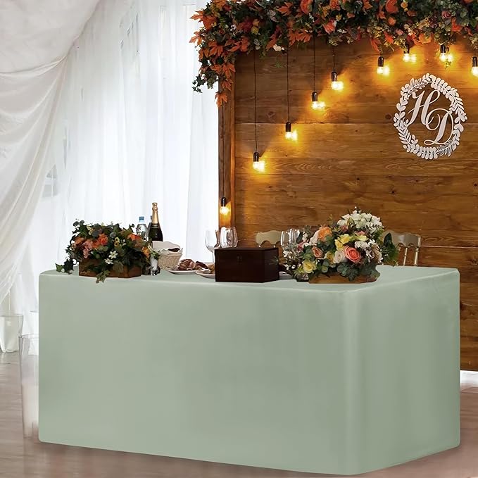 HolidayIdeas Fitted Table Covers - 96 x 30 Inch - 2 Pack Rectangle Tablecloths for 8 Foot Tables, Polyester Fabric Tablecloth for Parties, Holiday Dinner, Trade Show (Sage Green)