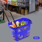 6PCS 35L Rolling Shopping Baskets with Wheels Portable Grocery Basket Set with Handles Plastic Shopping Cart for Supermarkets, Retail Stores, Bookstores (Blue)