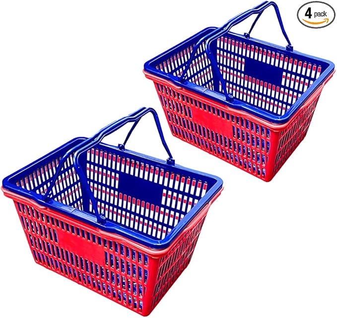 Stackable Plastic Shopping Baskets, Red and Blue, Easy-Grip Handles for Grocery, Retail, Liquor Stores, Home Use (4-pack, Red & Blue Assorted)