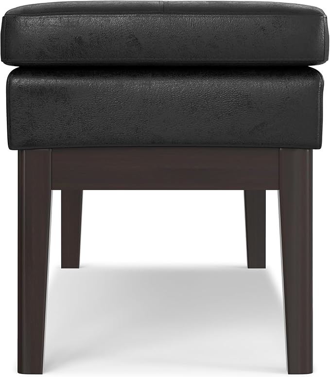 SIMPLIHOME Carlson Ottoman Bench - 45 inch Wide Upholstered Vegan Leather Rectangle Ottoman in Distressed Black, Mid Century Modern Bench for Bedroom, Entryway or Living Room with Padded Seat