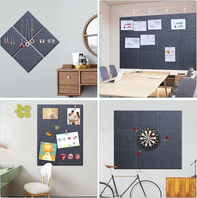 Large Cork Bulletin Board - 48" x 36" Cork Board for Walls - 12 Pack Felt Tiles, 60 Removable Safe Adhesive Tabs & 40 Pushpins - Dartboard Protector for Office, School, Home Decor - Dark Grey
