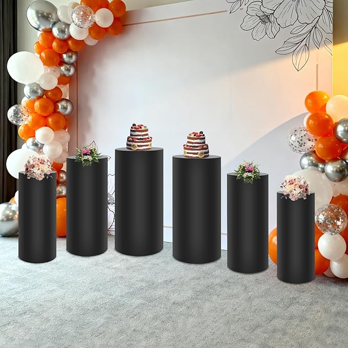 OUKANING 6 PCS Metal Display Pedestal Stands, Black Cylinder Display Stands Pillars, Decoration Cube Sculpture Display Column for Wedding Party Baby Shower Birthday, H27.56'', 26'', 23.62''