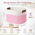 Cotton Rope Basket, Storage Baskets with Handle, 15x10x9 Inch Woven Basket for Shelves, Laundry, Towels, Clothes, Books (White/Pink 1Pack)