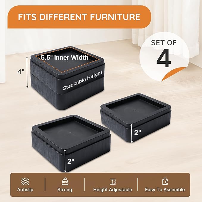 Bed Risers, Oversized Furniture Risers Fit Up to 5.5" Legs, 2 inch Raise Blocks for Bed Couch Desk Sofa Table Lifts, Furniture Legs Lifters Support up to 6000 Lbs (Black, 4 Pack Set)