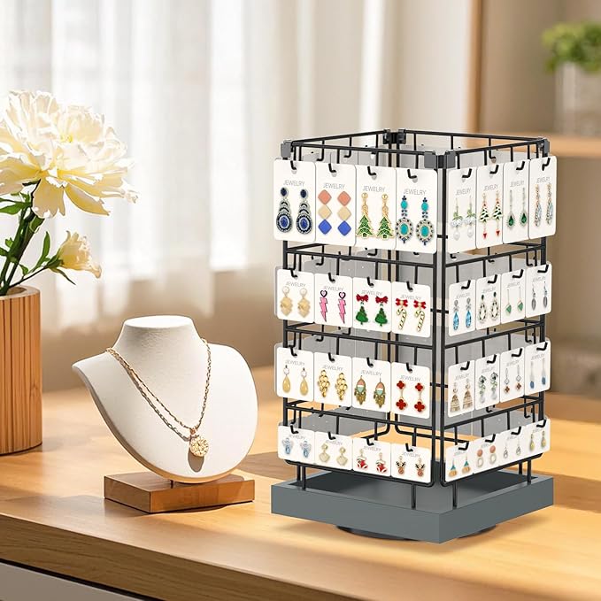 EsLuker.ly Rotating Earring Display Holder Stand for Vendors Events Selling, Large Capacity 64 Hooks Jewelry Rack with Wooden Base for Earring Card Sales, Enhances Retail Visibility(Dark Grey)