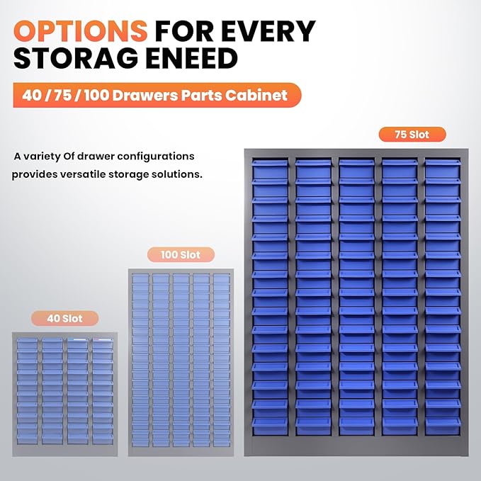 75-Drawer - Nut and Bolt Organizer | Stainless Steel Part Storage Cabinet | Shelves & Labels | Each Drawer 3.9" D x 7.8W x 2" H | Durable Hardware Storage for Small Parts/Tool (Classroom, Home)